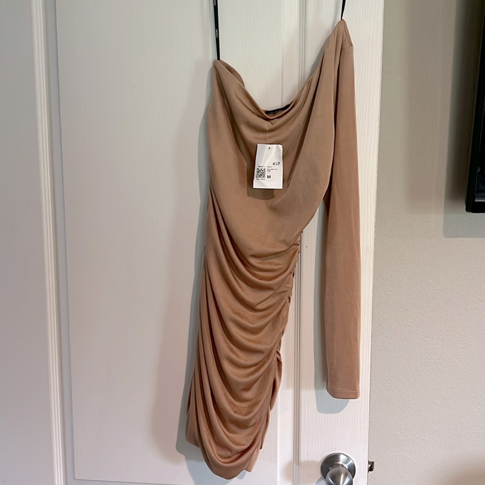 Camel one sleeve mini dress